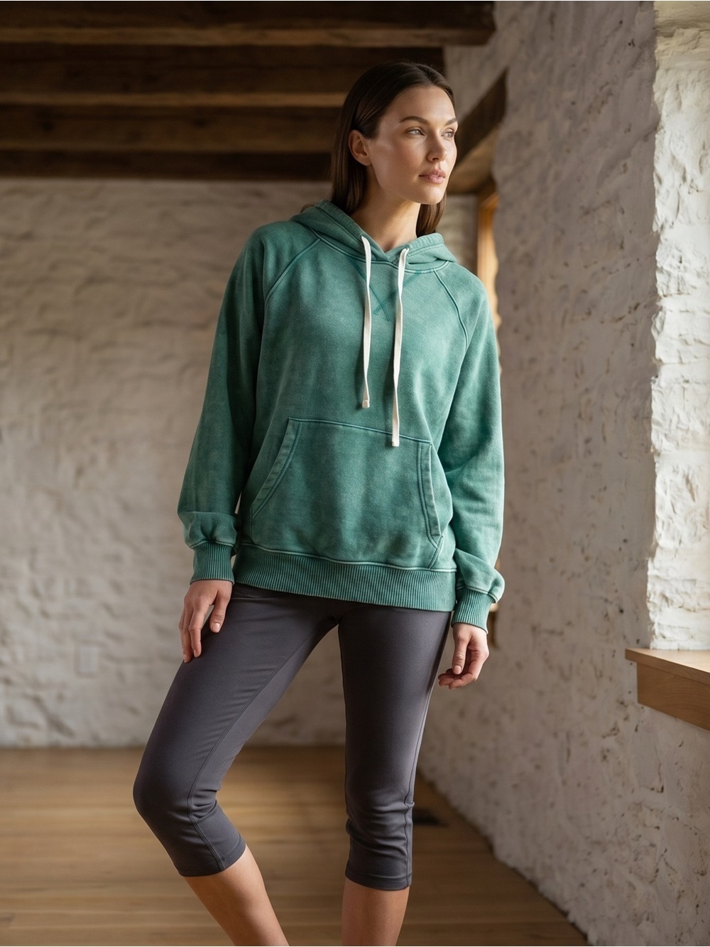 Zenana Mineral Washed Vintage Emerald Green Hooded Sweatshirt Kangaroo Pocket